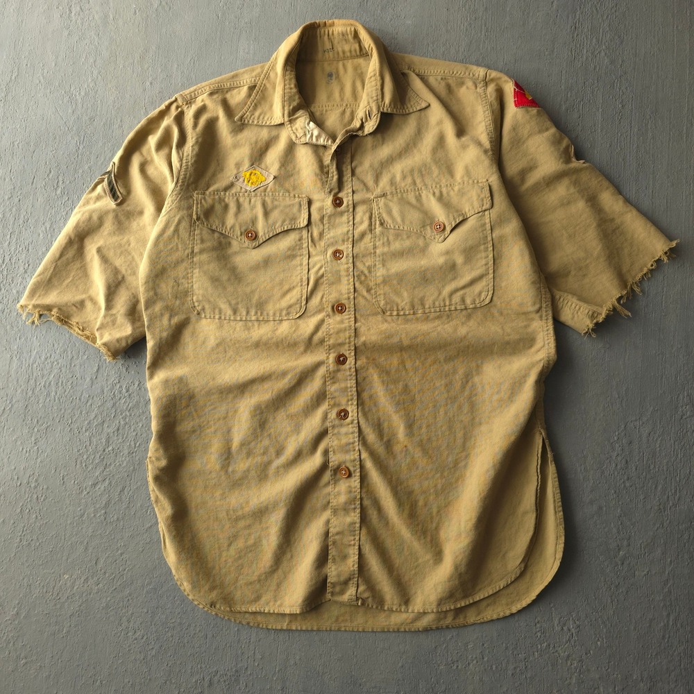 Vintage 1940s Tan Khaki Short Sleeve Shirt USMC Patches Cut Sleeves